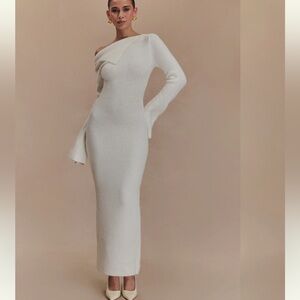 NWT Meshki Magenta One Shoulder Fluffy Knit Midi Dress - Ivory